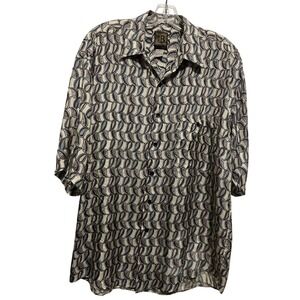 Men's Bruno 100% Silk Button Down Short Sleeve Shirt Medium Brown Blue Cream